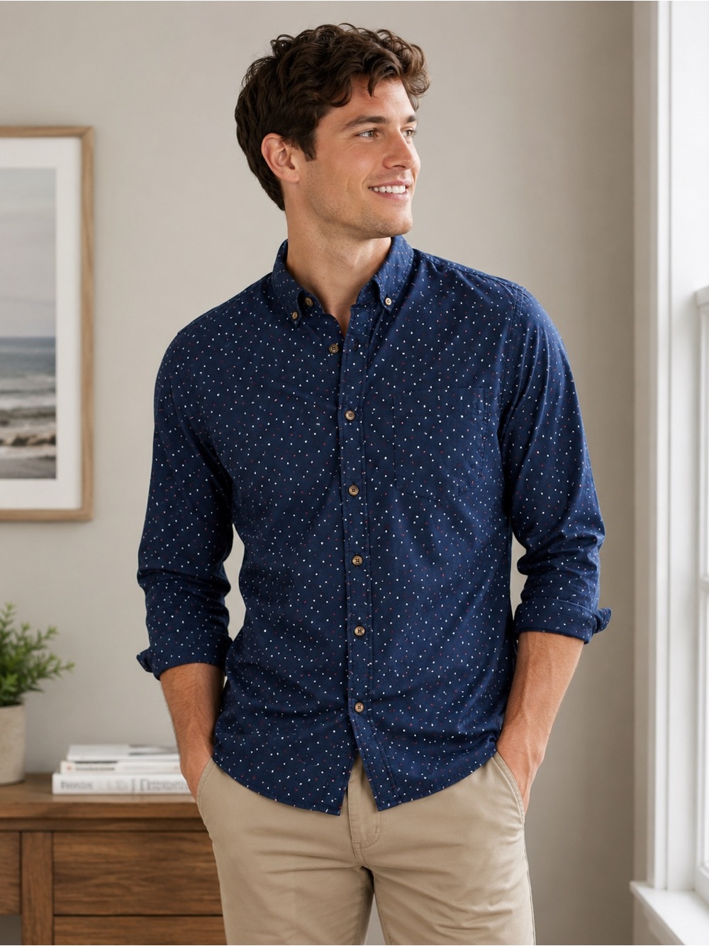 Hollister Men’s Navy Micro Print Button Down Shirt Cotton Size L